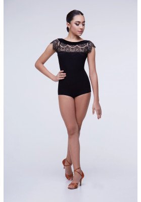 FD Leotard KU-829 – Black Dance Leotard with Lace Eyelash Fabric & Short Sleeves ruviso-dancewear.com