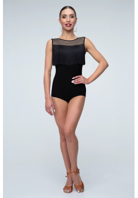 FD Leotard KU-955 – Black Sleeveless Dance Leotard with Fringe & Open Back ruviso-dancewear.com