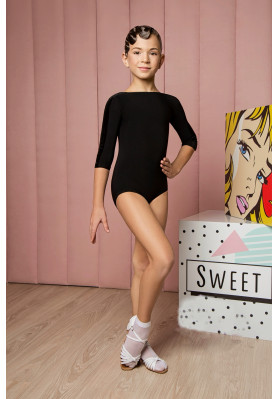 FD Leotard KU-1071 KW – Black Dance Leotard with 3/4 Sleeves, Velour Stripes & Open Back ruviso-dancewear.com