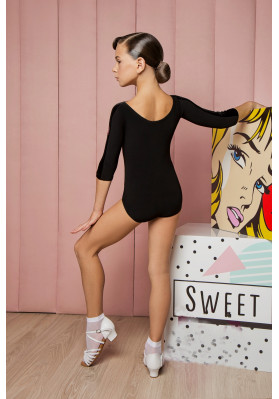 FD Leotard KU-1071 KW – Black Dance Leotard with 3/4 Sleeves, Velour Stripes & Open Back ruviso-dancewear.com