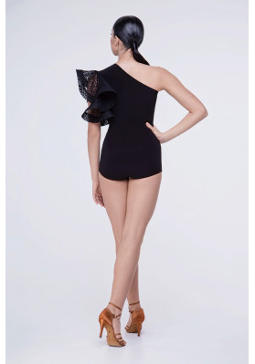 FD Leotard KU-1068 – One-Shoulder Black Dance Leotard with Leopard Mesh Flounce ruviso-dancewear.com