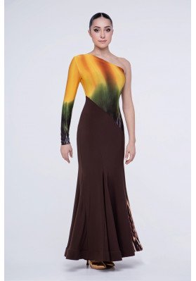 FD Dress PS-976/1 – Women’s Ballroom Standard Dress, One-Shoulder Long Sleeve, Printed Coupon & Oil Jersey ruviso-dancewear.com