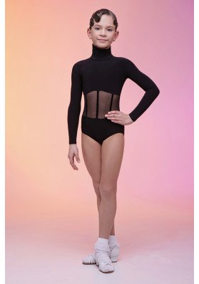 FD Leotard KU-1098 KW – Black Long Sleeve Dance Leotard with High Collar & Corset Detail ruviso-dancewear.com