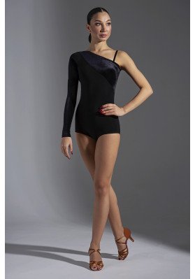 FD Leotard KU-503/1 – Black One-Sleeve Dance Leotard with Velour Trim ruviso-dancewear.com
