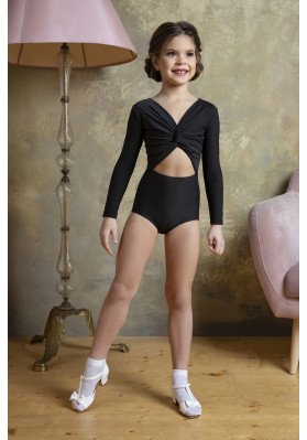 FD Leotard KU-1243 KW – Black Dance Leotard with Knot Detail, Cutout & Long Sleeves ruviso-dancewear.com