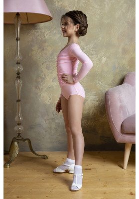 FD Leotard KU-1263 KW – Black V-Neck Dance Leotard with Drapery and Long Sleeves ruviso-dancewear.com