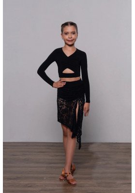 FD Top TP-1320/1 KW – Children’s Black Latin Dance Top with V-Neck & Guipure Belt ruviso-dancewear.com
