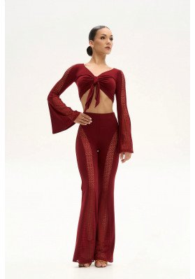 FD Pants BR-1333 – Latin Dance Pants with Guipure Inserts in Black & Burgundy ruviso-dancewear.com