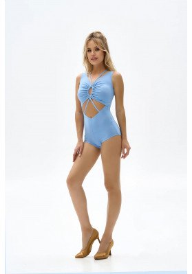 Leotard KU-1335 – Draped Sky Blue Sleeveless Dance Leotard with Open Midriff ruviso-dancewear.com