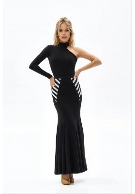 FD Skirt YUS-1337/1 – Ballroom Dance Skirt with Stripe Print Yoke, Black ruviso-dancewear.com
