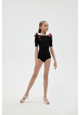 FD KU-1389 Dance Leotard – Black Leotard with Bright Pink Trim and Wing Detail ruviso-dancewear.com