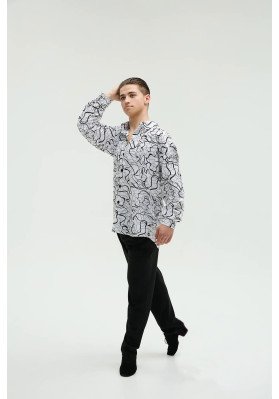 FD Shirt RM-1371/1 – Men’s Latin Ballroom Dance Shirt with Black Print and Stand Collar ruviso-dancewear.com