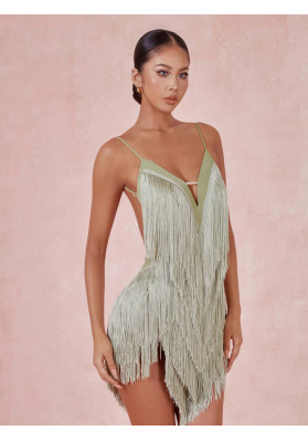 Vestido Para Bailes Latinoamericanos | Vestido con flecos Oasis #2420 Verde Aguacate | Hecho a mano ruviso-dancewear.com