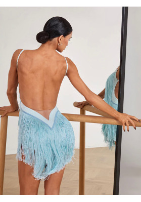Vestido Para Bailes Latinoamericanos | Vestido con flecos Oasis #2420 Azul | Hecho a mano ruviso-dancewear.com
