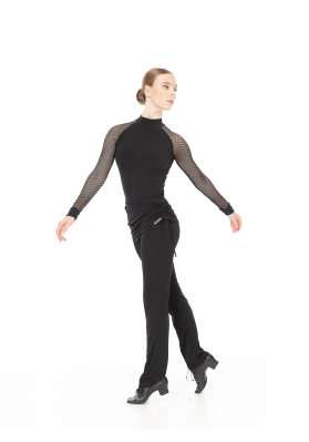DanceMe BRL399 Women’s Ballroom Pants – Black, Oil Jersey & Mesh ruviso-dancewear.com