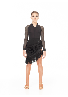 DanceMe UL760-14 Latin Skirt – Black, Oil Jersey, Mesh & Fringe ruviso-dancewear.com