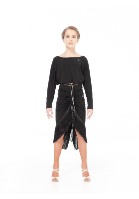 DanceMe UL784-14 Latin Skirt – Women's Black Oil Jersey Skirt with Fringe ruviso-dancewear.com