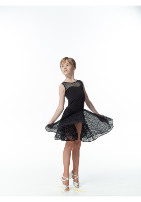 DanceMe UL714 Women’s Latin Skirt – Black Oil Fabric with Guipure and Crinoline ruviso-dancewear.com