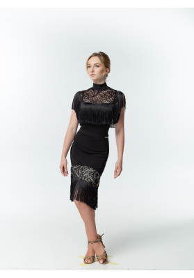 DanceMe UL724-14 Latin Skirt — Black, Oil Jersey + Lace & Fringe ruviso-dancewear.com