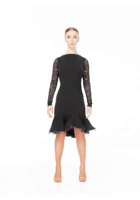 DanceMe PL731/11 – Women’s Black Latin Dance Dress, Oil Jersey, Guipure & Crinoline ruviso-dancewear.com