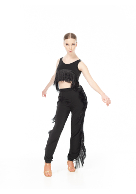 DanceMe BRL767 Women’s Latin Pants – Black / white, Jersey & Fringe ruviso-dancewear.com