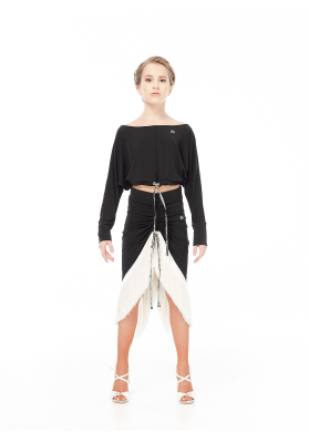 DanceMe UL784-14 Latin Skirt – Women's Black Oil Jersey Skirt with Fringe ruviso-dancewear.com