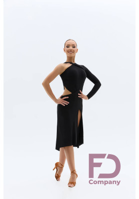 FD Dress PL-1459 – Women’s Black Latin Dance Dress with One-Shoulder Long Sleeve & Draped Pleats ruviso-dancewear.com