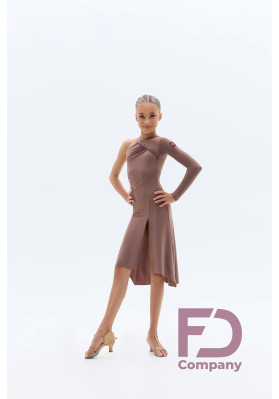 FD Dress PL-1459 KW – Kids’ Mocha Latin Dance Dress with One-Shoulder Long Sleeve & Draped Pleats ruviso-dancewear.com