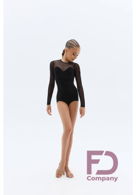 FD Leotard KU-1457 KW – Kids’ Black Latin Dance Leotard with V-Back & Long Sleeves ruviso-dancewear.com
