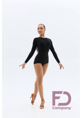 FD Leotard KU-1460 – Women’s Black Latin Dance Leotard with Long Sleeves, V-Back & Fringe ruviso-dancewear.com