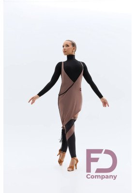 FD Set Leotard with Tunic KT-1464 – Women’s Black Latin Dance Leotard with Mocha Tunic & Fringe ruviso-dancewear.com