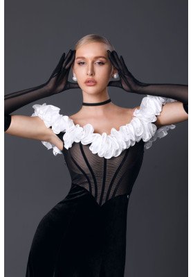 M353 Black & White Off-Shoulder Latin Practice Dress ruviso-dancewear.com